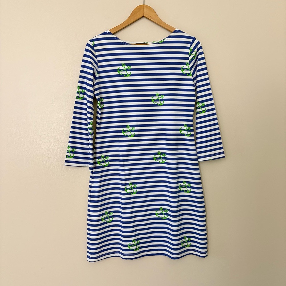 Melly M Nautical Stripe Anchor Dress 3/4 Sleeve Boat Neck Size M Made in USA - Picture 2 of 9